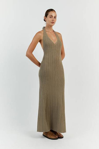 DISSH Sienna Moss Plunge Halter Midi Dress