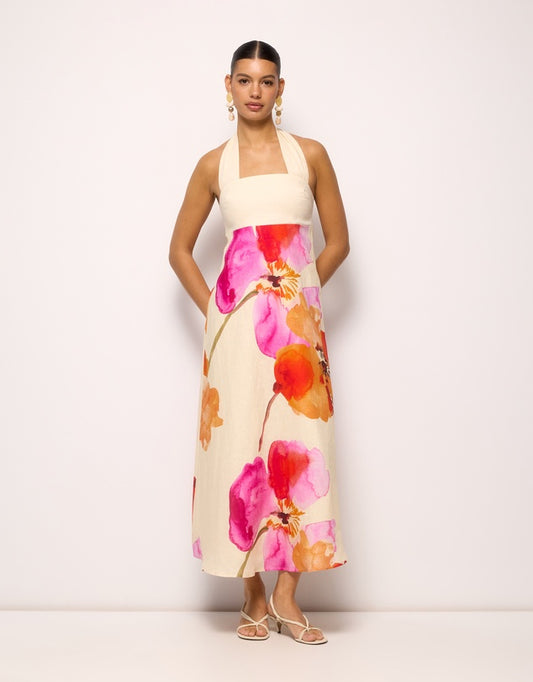 AERE Flora Linen Midi Dress